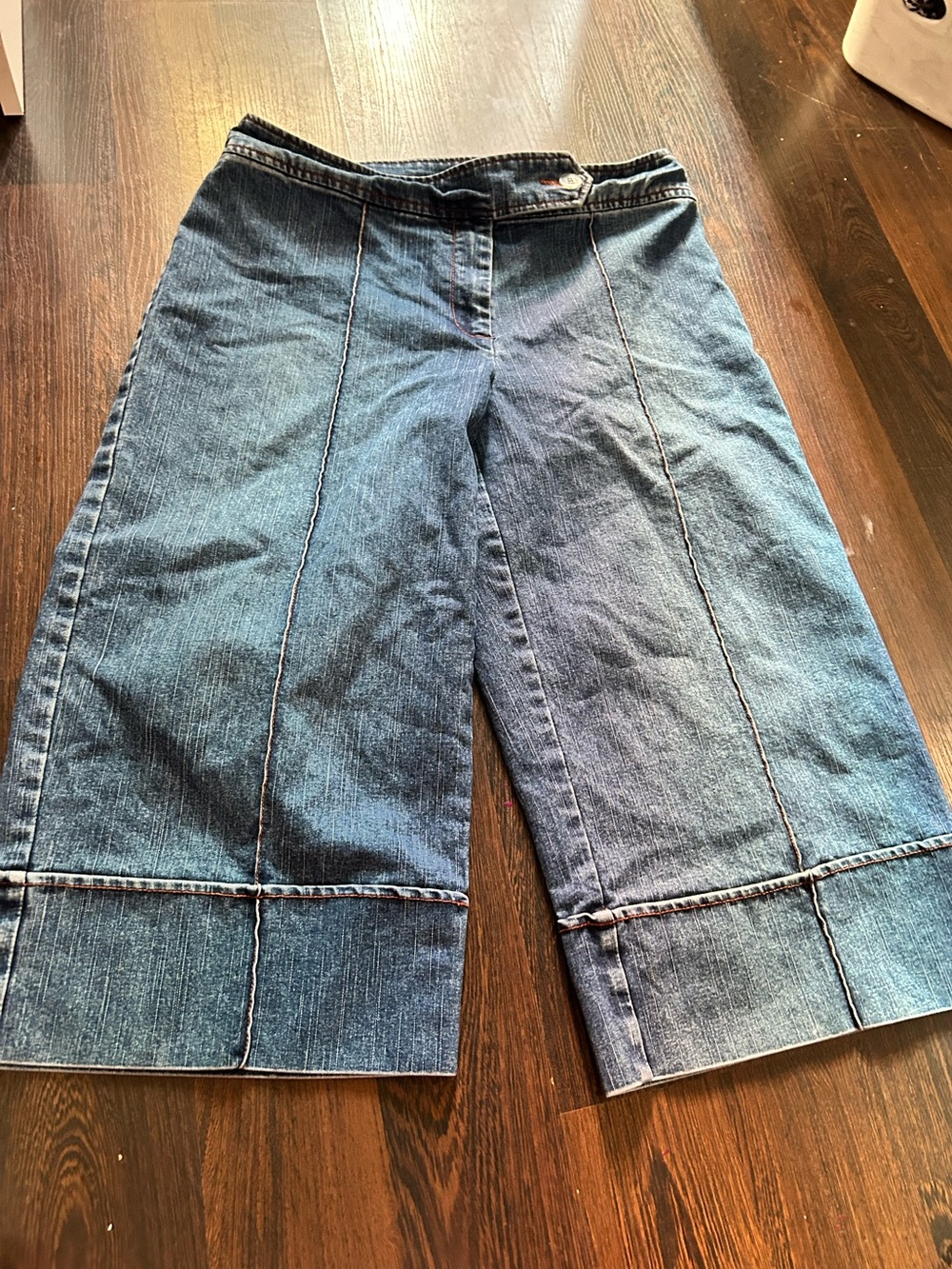 Wide Leg Cropped Denim Pants - Blue